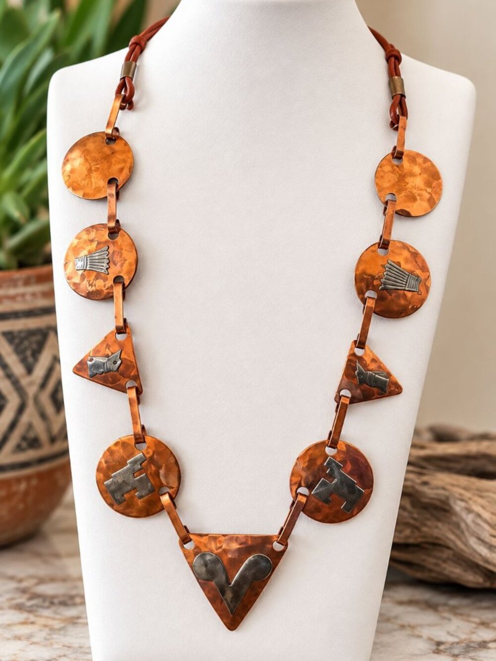 Vintage Southwestern Artisan Copper Silver Tone Leather Statement Necklace